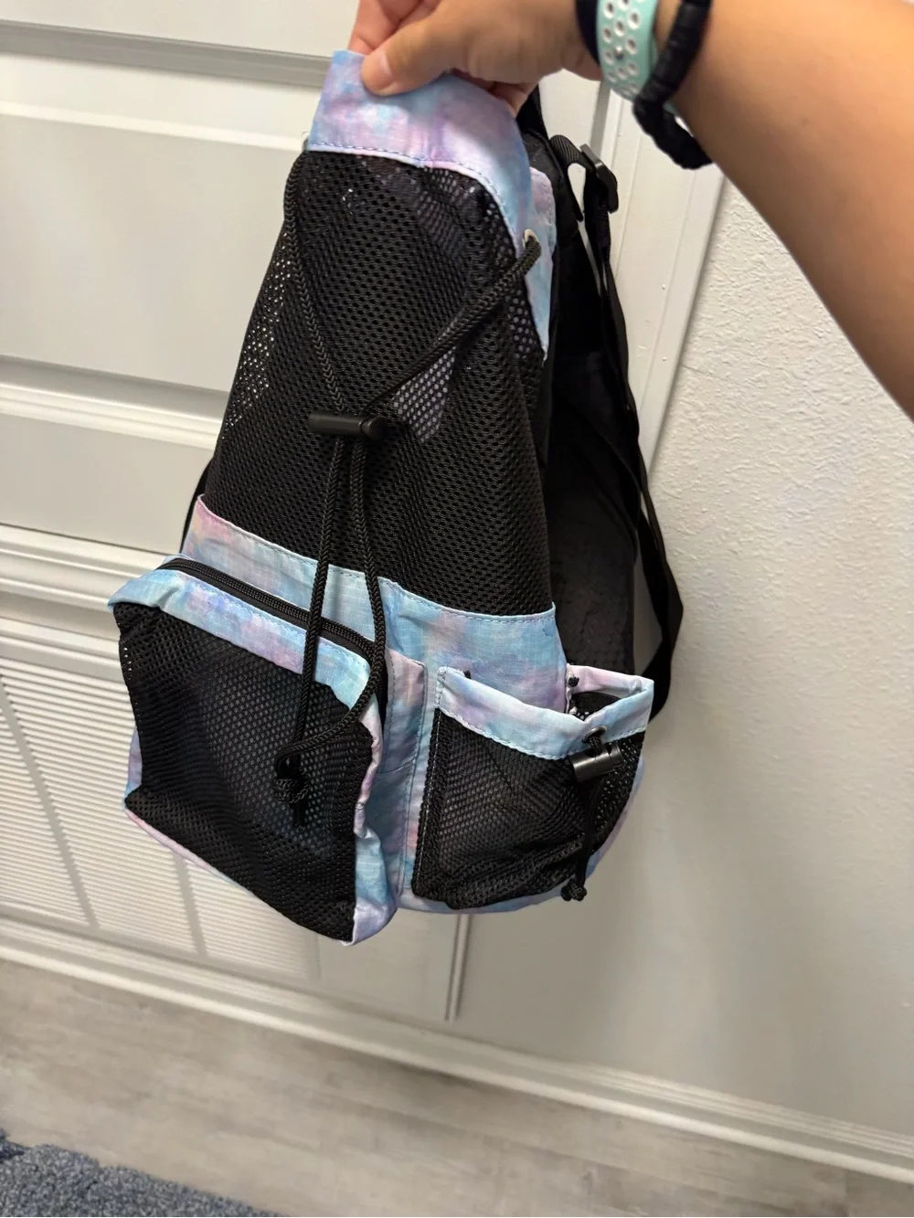 Mesh Drawstring Backpack for Women - Pastel Tie-Dye Black Accent
